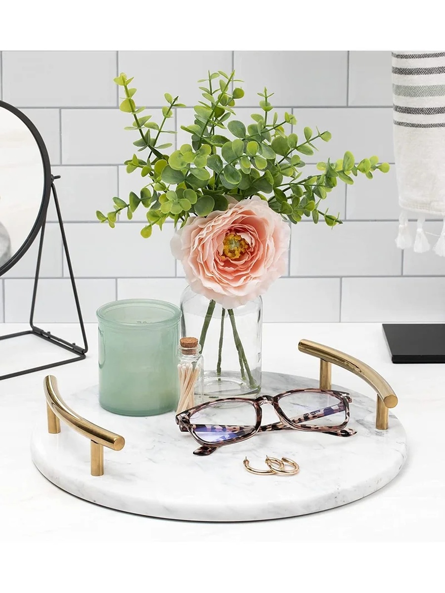Round White Marble Tray With Gold Handle