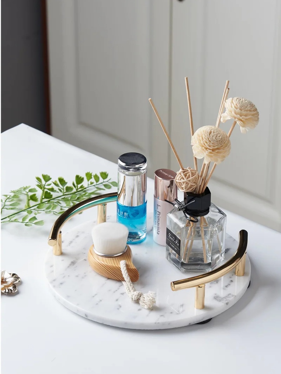 Round White Marble Tray With Gold Handle