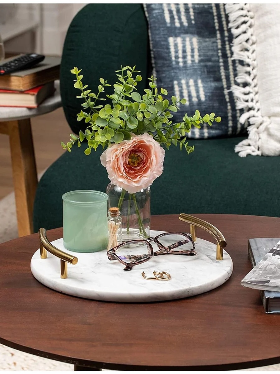 Round White Marble Tray With Gold Handle