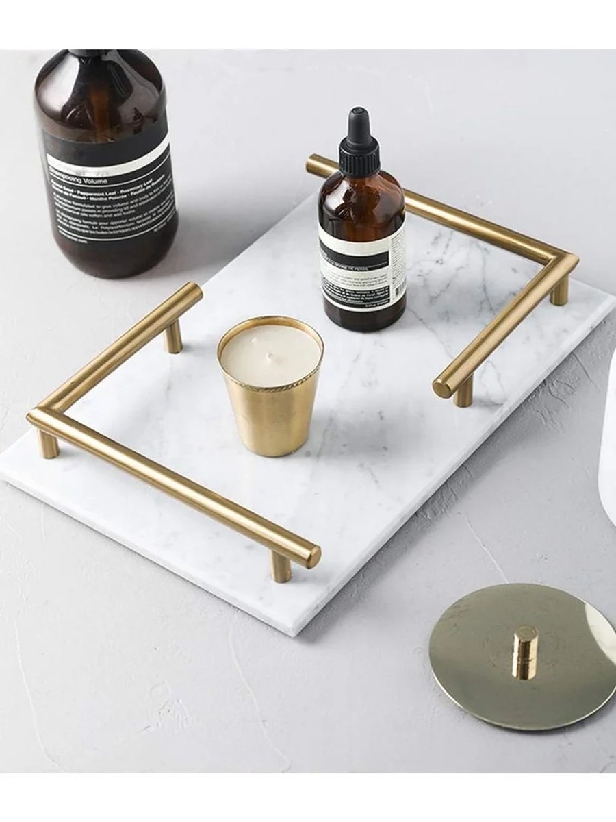 Rectangular White Marble Tray with Gold Handles