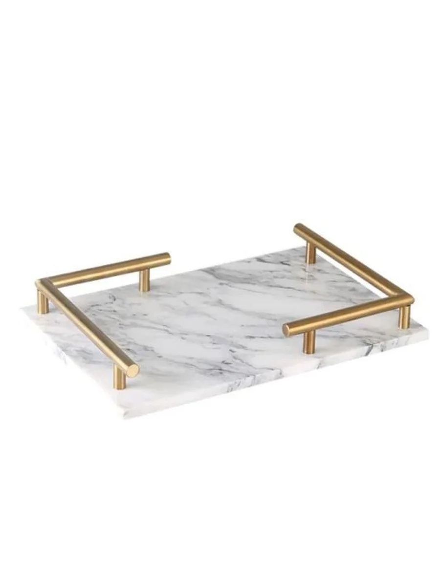 Rectangular White Marble Tray with Gold Handles