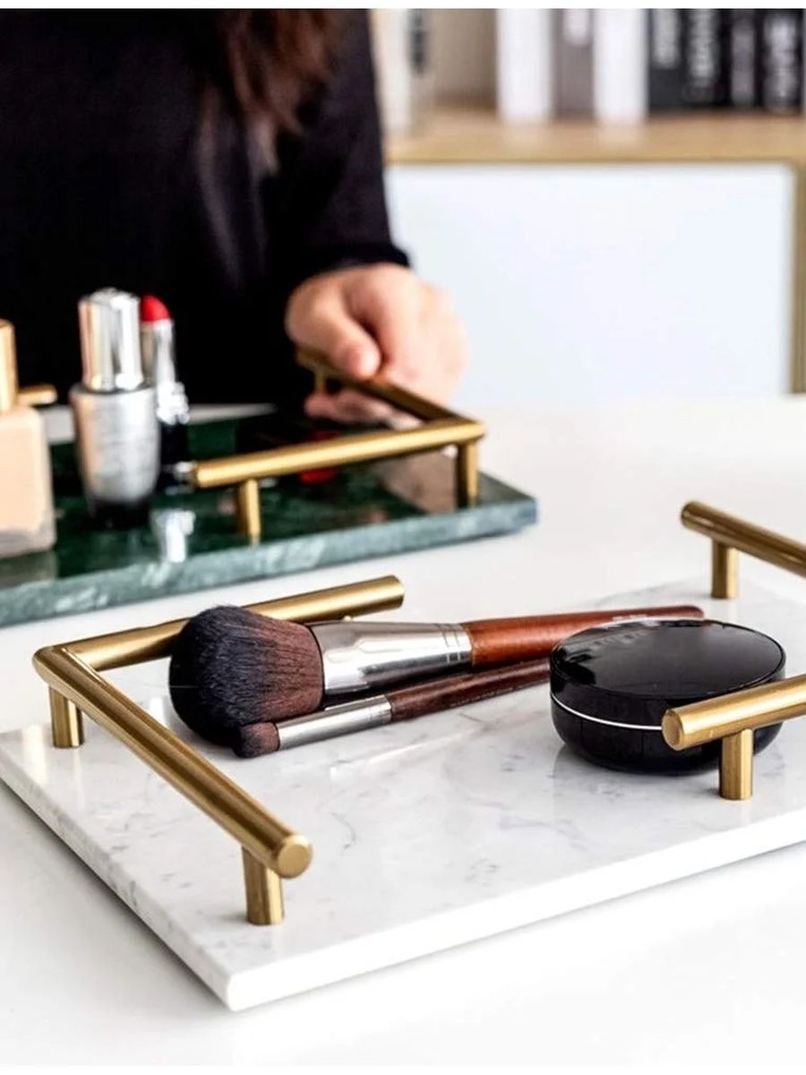 Rectangular White Marble Tray with Gold Handles