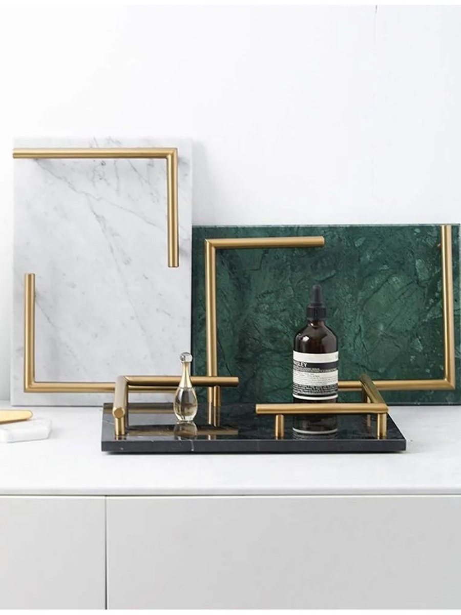 Rectangular White Marble Tray with Gold Handles