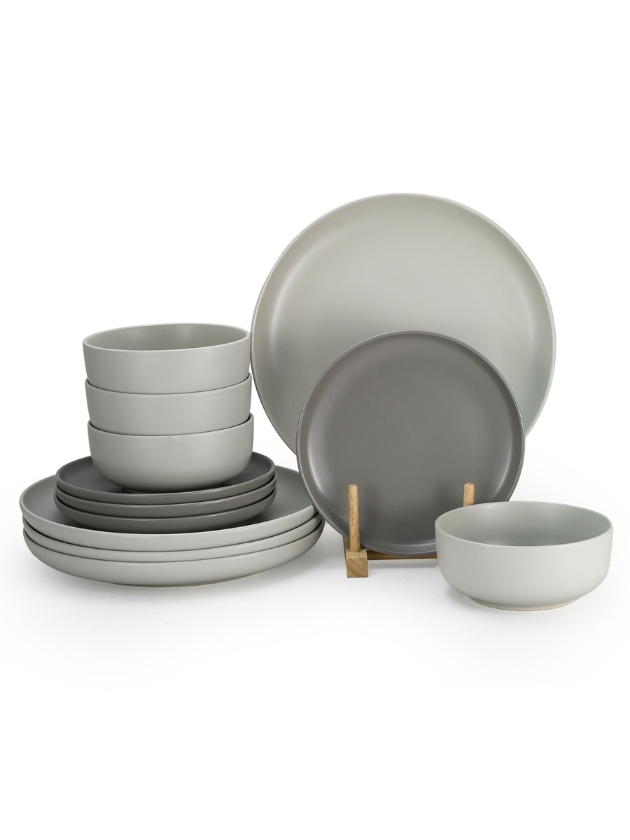 12-Piece Shallow Nordic Dinner Set, Elegant Grey
