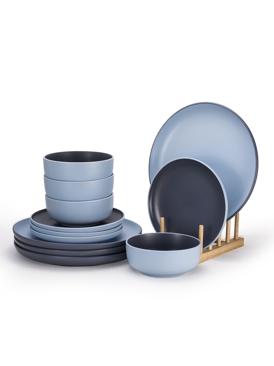 12-PieceShallow Nordic Dinner Set, Elegant Blue