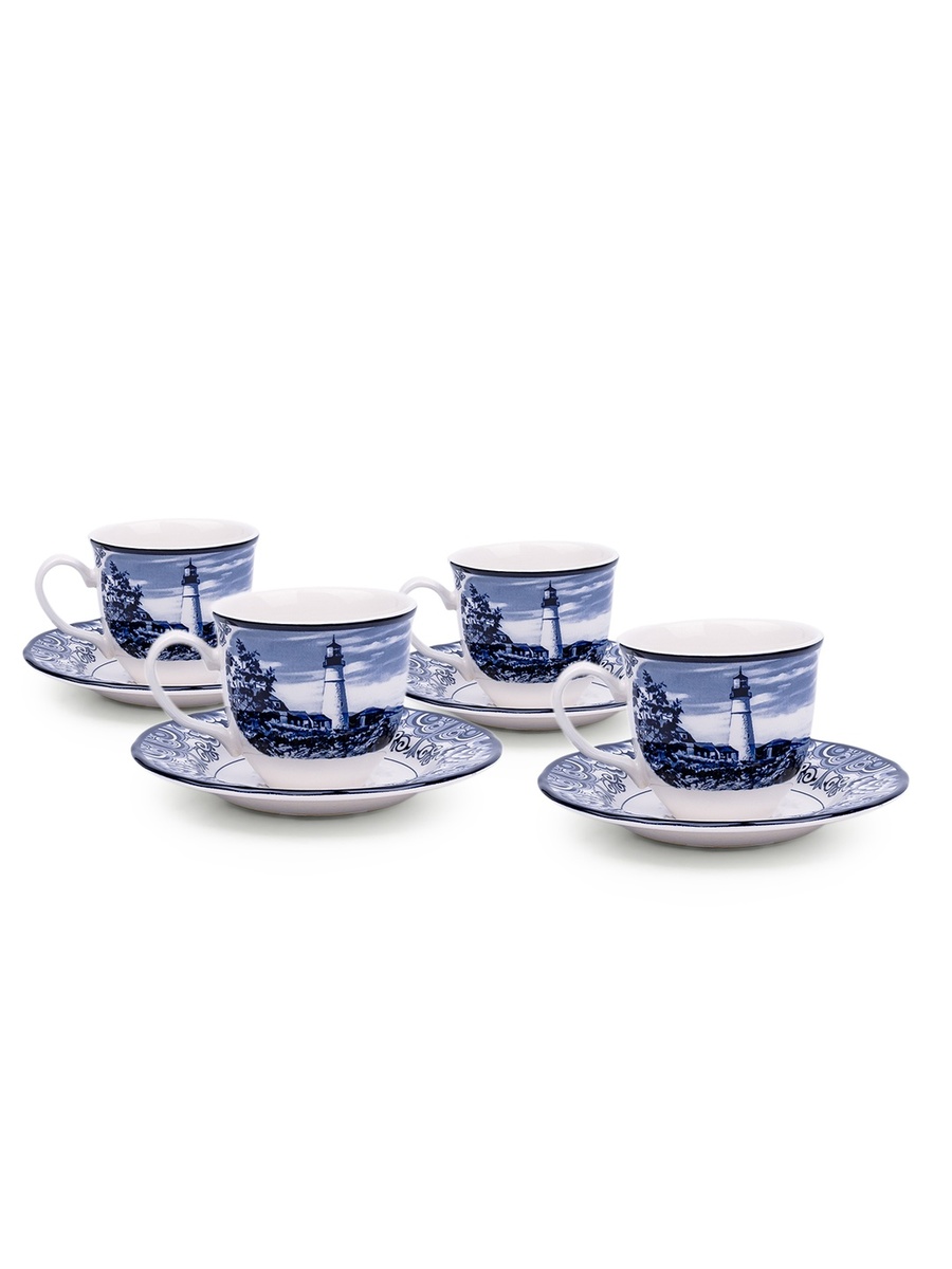 Set of 4 - Halcyon Blue 200 ml Porcelain Coffee and Tea Cup with Matching Saucer