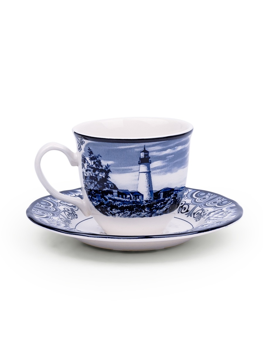 Set of 4 - Halcyon Blue 200 ml Porcelain Coffee and Tea Cup with Matching Saucer