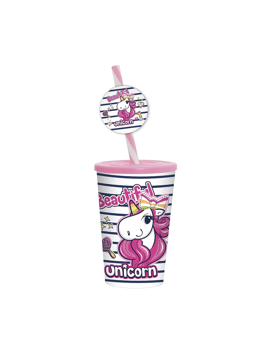 Pink Unicorn Printed Kids Tumbler with Fancy Straw 340ml