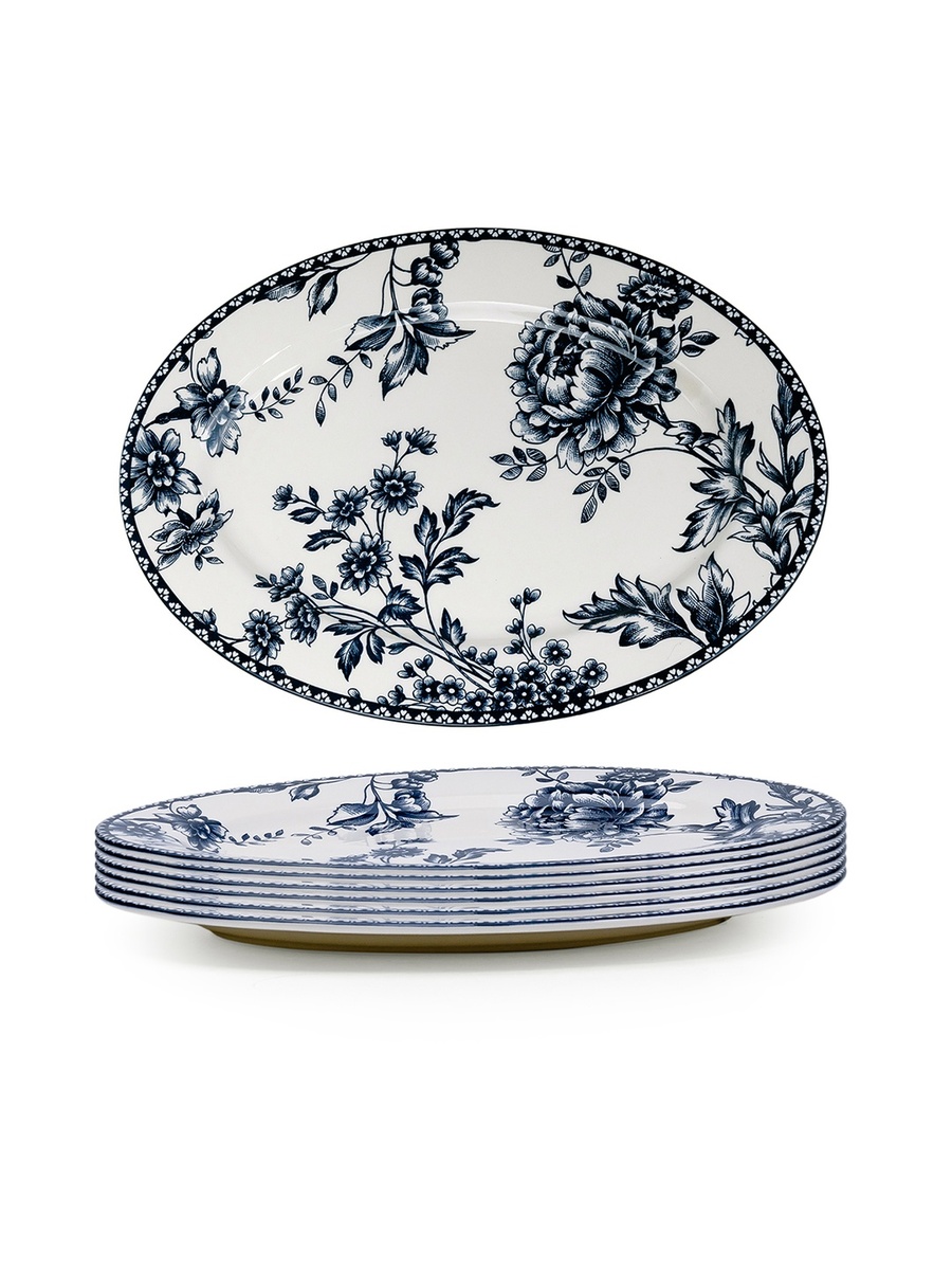 Set of 6 - Lighthouse Blue 14.2-Inch Ceramic Oval Platter