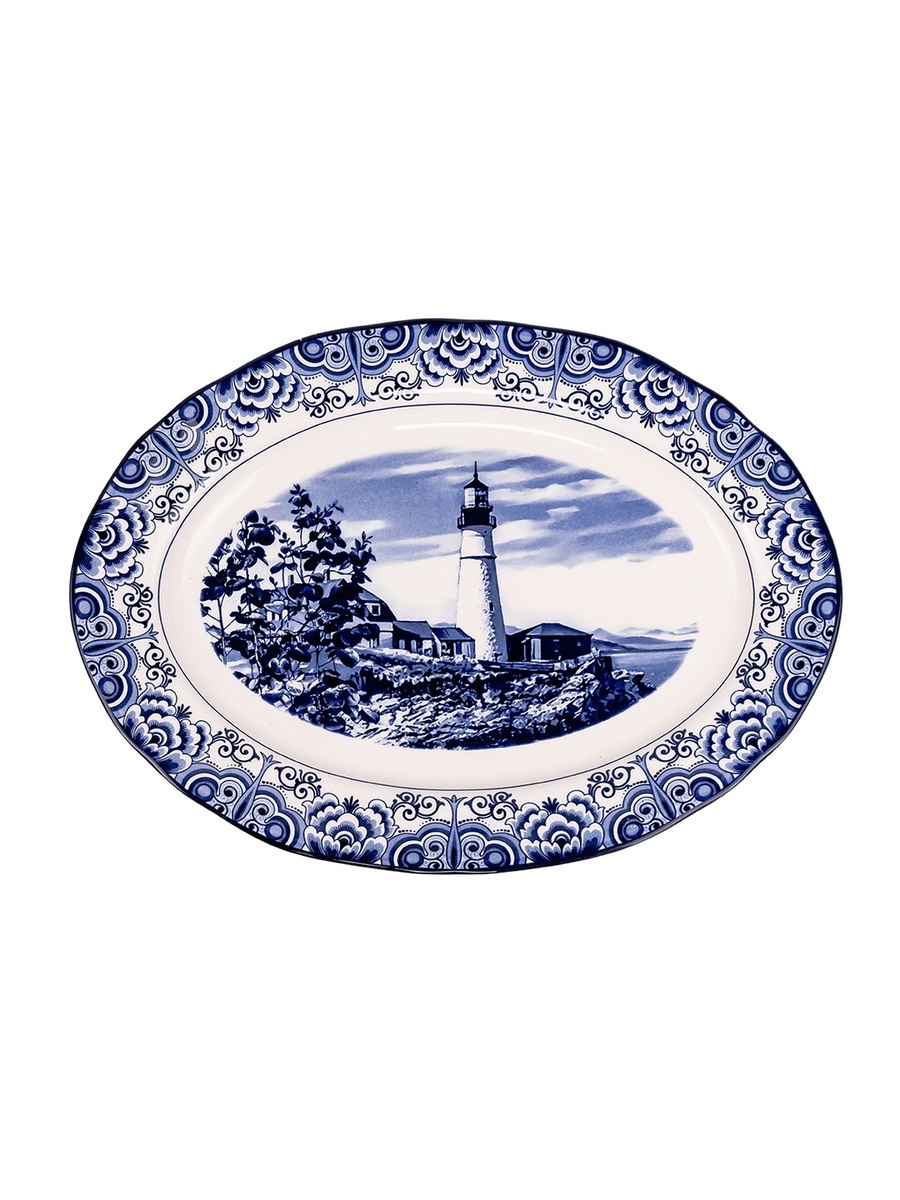 Lighthouse Blue 14.2-Inch Ceramic Oval Platter