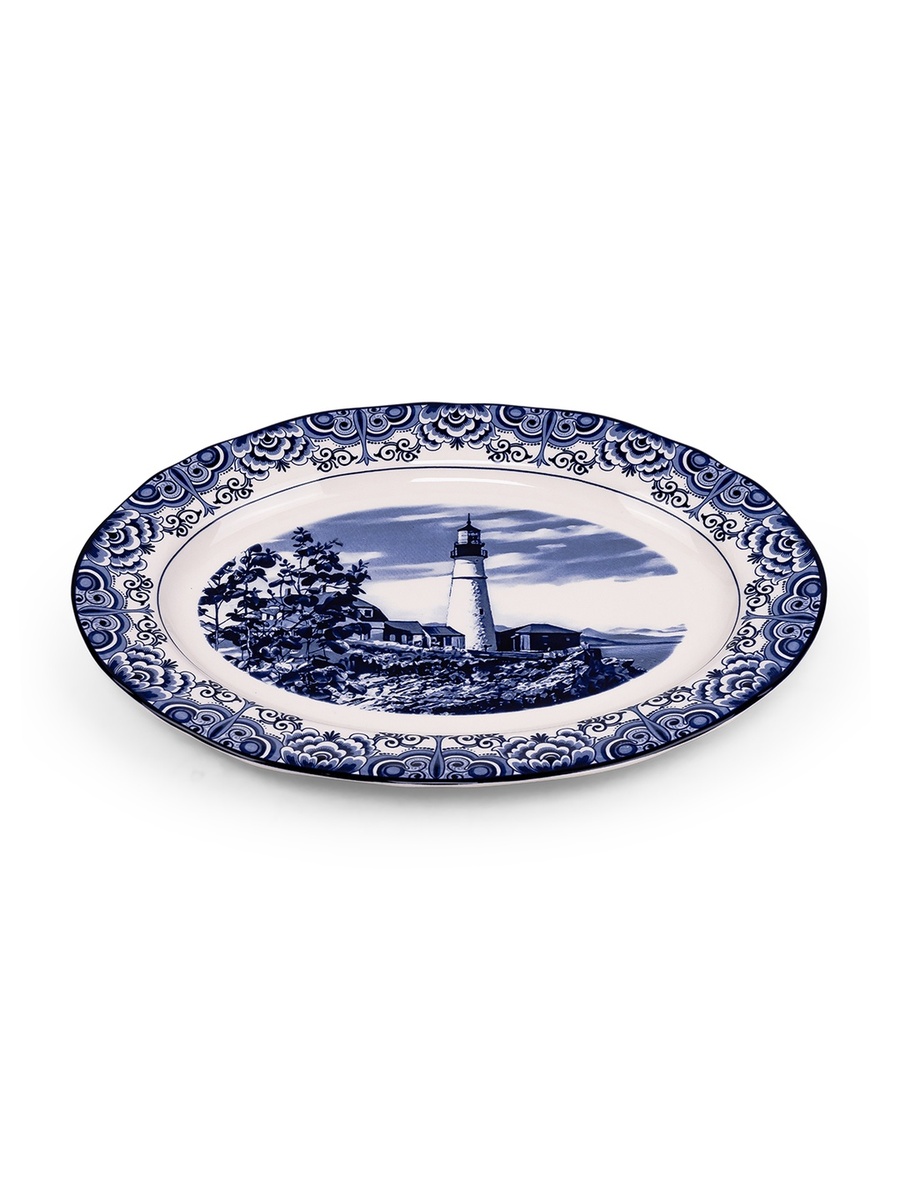 Lighthouse Blue 14.2-Inch Ceramic Oval Platter
