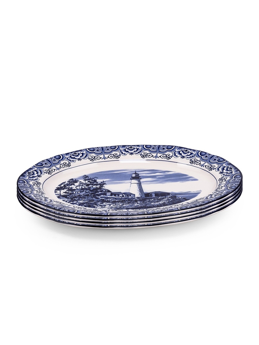 Set of 4 - Lighthouse Blue 14.2-Inch Ceramic Oval Platter