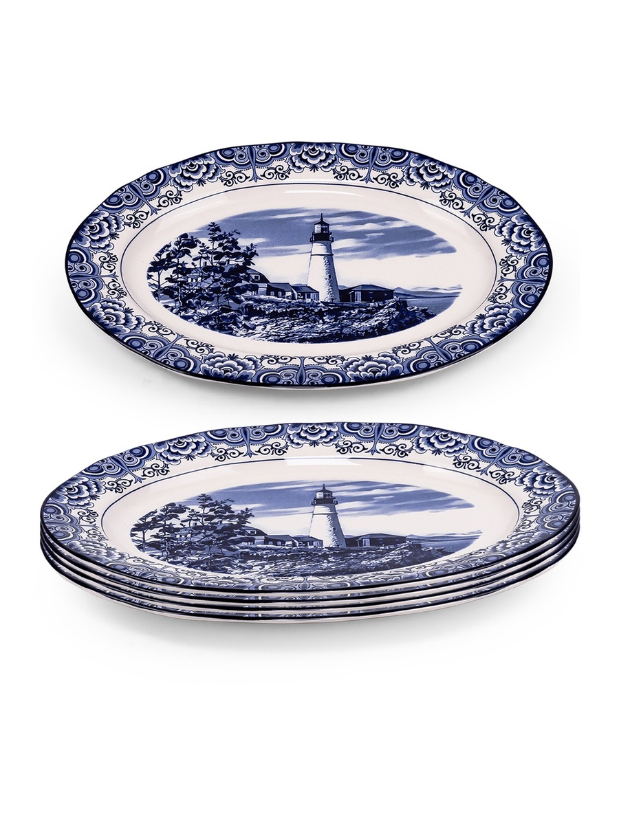 Set of 4 - Lighthouse Blue 14.2-Inch Ceramic Oval Platter