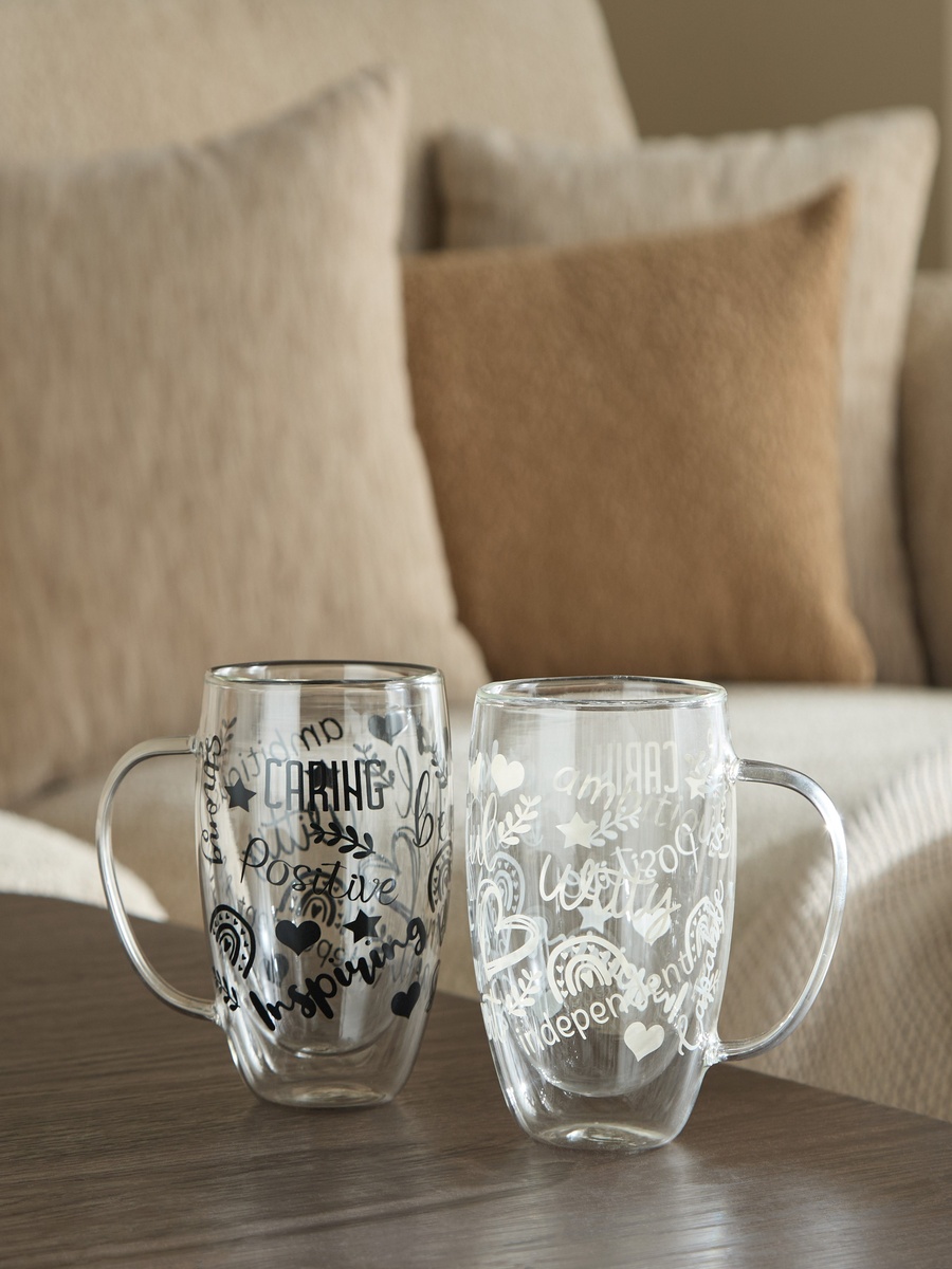 Zen Borosilicate Glass 2-Piece Positive Quotes Printed Double Wall Mug with Handle - 350 ml