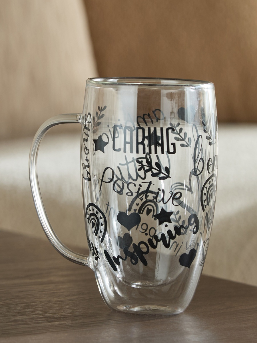 Zen Borosilicate Glass 2-Piece Positive Quotes Printed Double Wall Mug with Handle - 350 ml