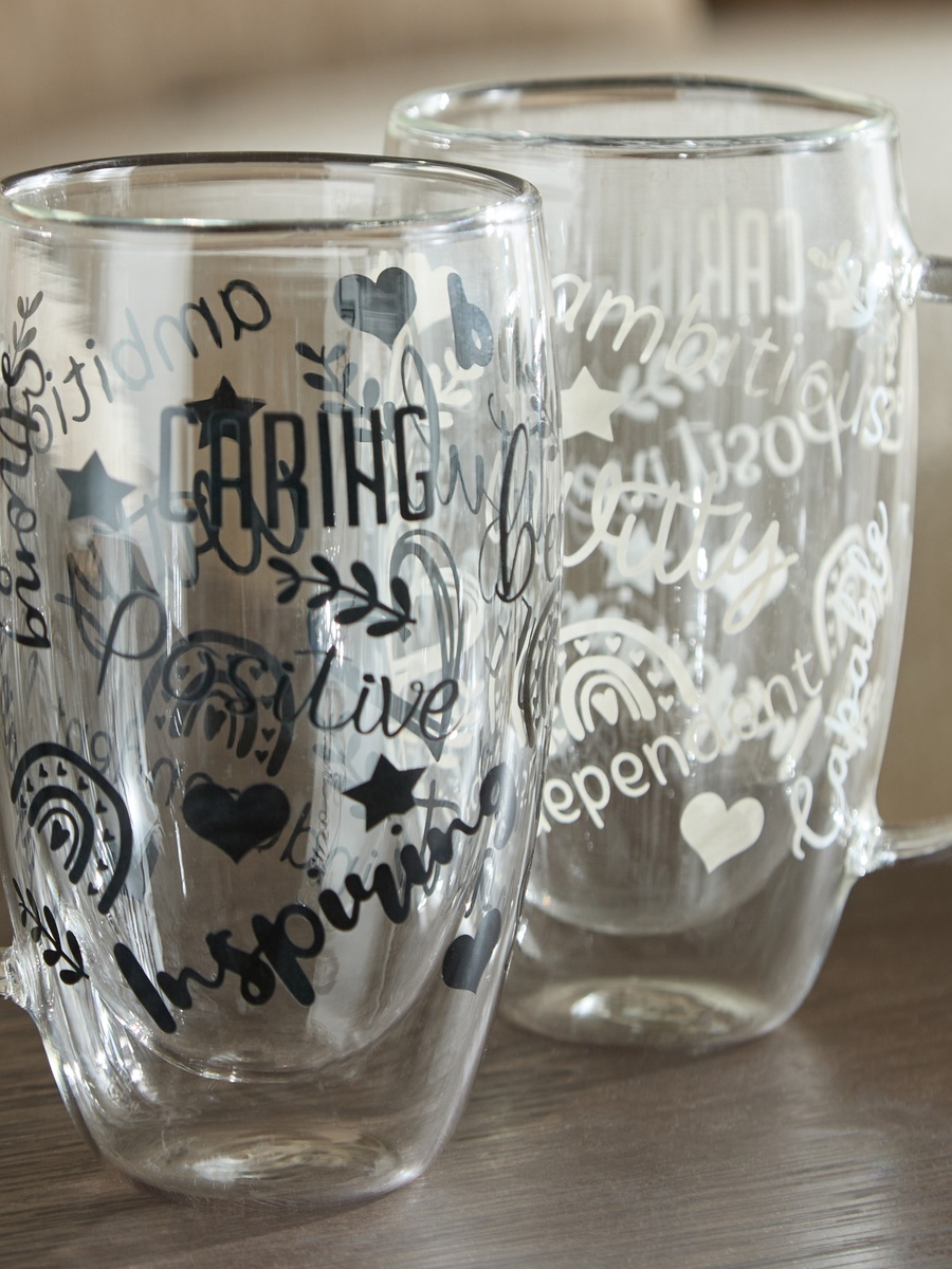 Zen Borosilicate Glass 2-Piece Positive Quotes Printed Double Wall Mug with Handle - 350 ml