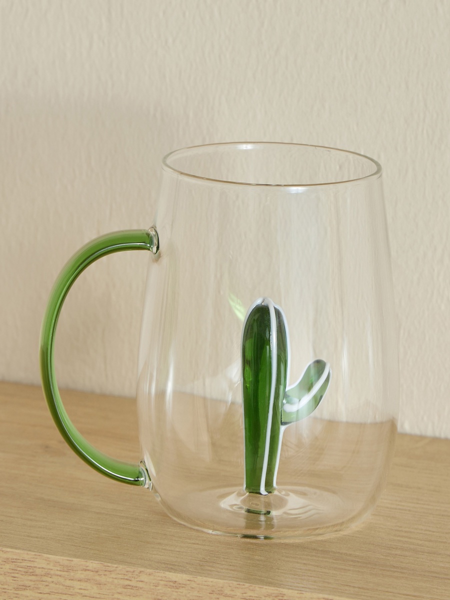 Zen Borosilicate Glass 3D Cactus Design Coffee Cup with Handle - 300 ml