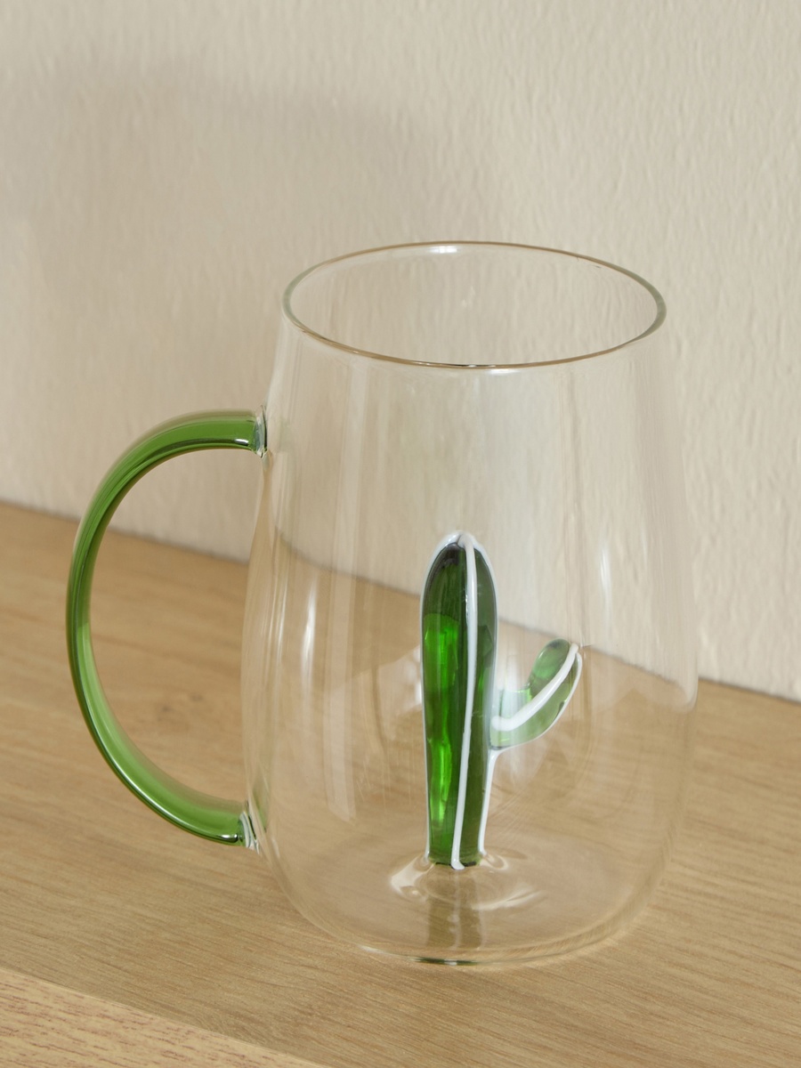 Zen Borosilicate Glass 3D Cactus Design Coffee Cup with Handle - 300 ml