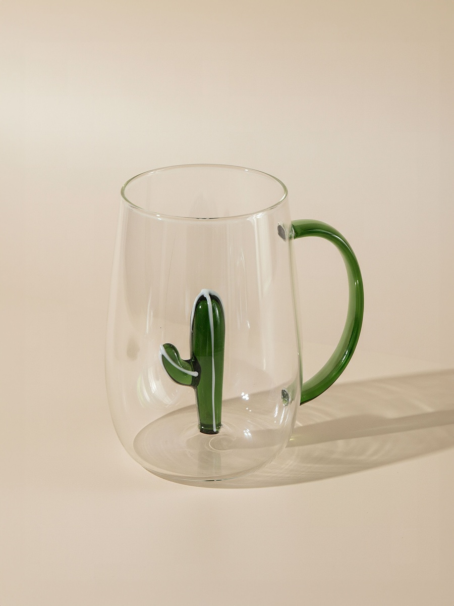 Zen Borosilicate Glass 3D Cactus Design Coffee Cup with Handle - 300 ml