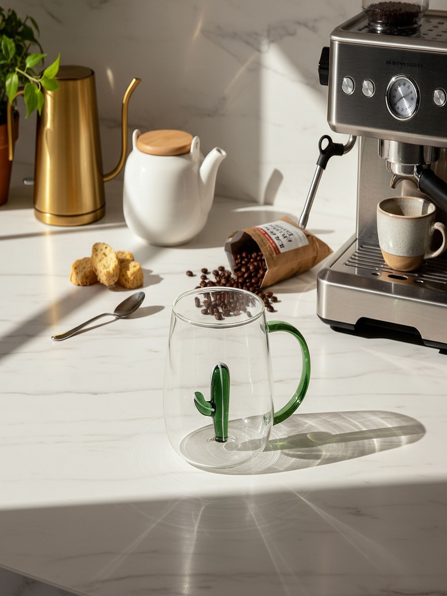 Zen Borosilicate Glass 3D Cactus Design Coffee Cup with Handle - 300 ml