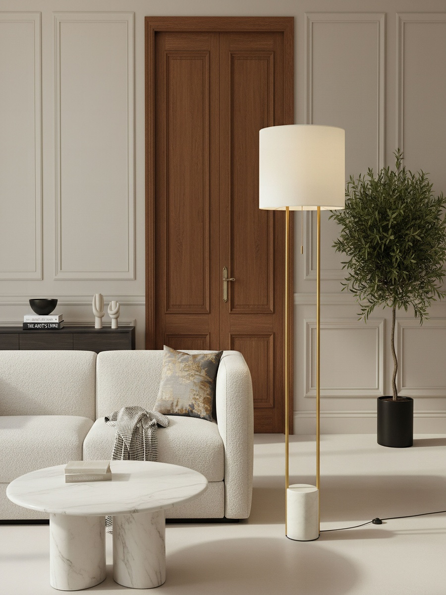 Haskett Aleso Metal E27 Floor Lamp with Marble Base and Fabric Shade - 40x150 cm