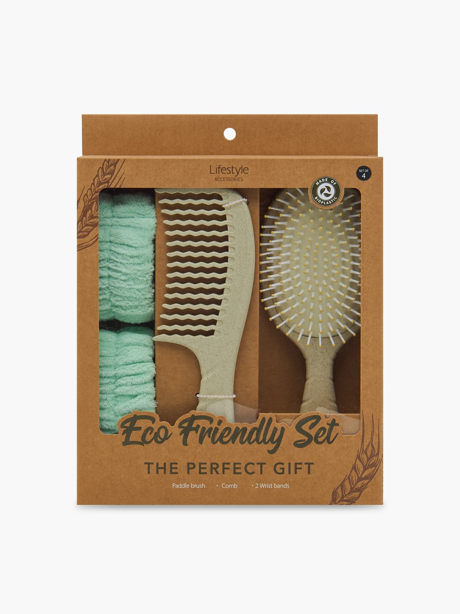 Assorted 4-Piece Paddle Hairbrush with Comb and Wristband Set
