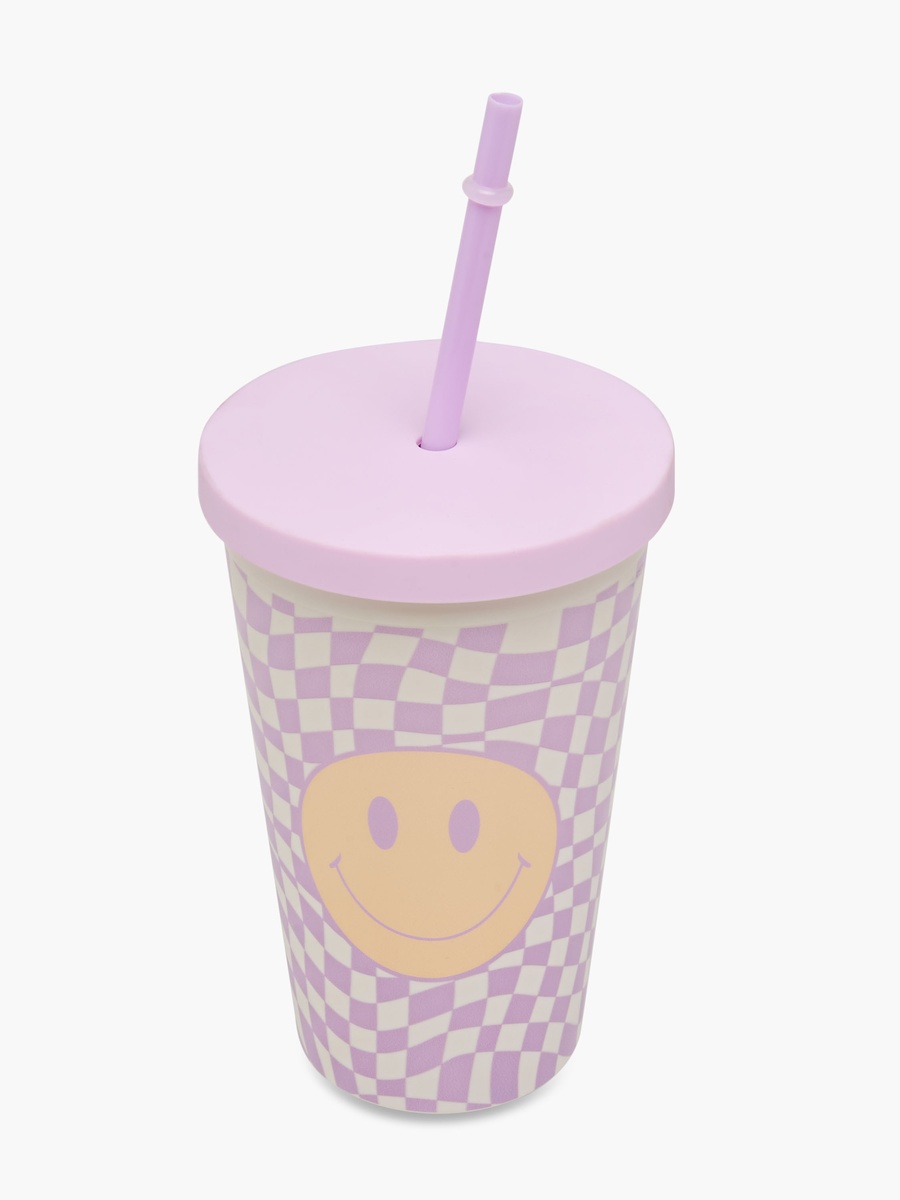 Smiley Print Double Wall Tumbler with Straw - 450 ml