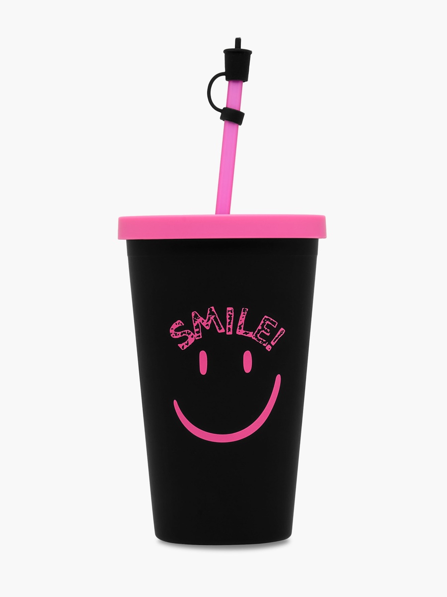 Smiley Print Double Wall Tumbler with Straw - 450 ml