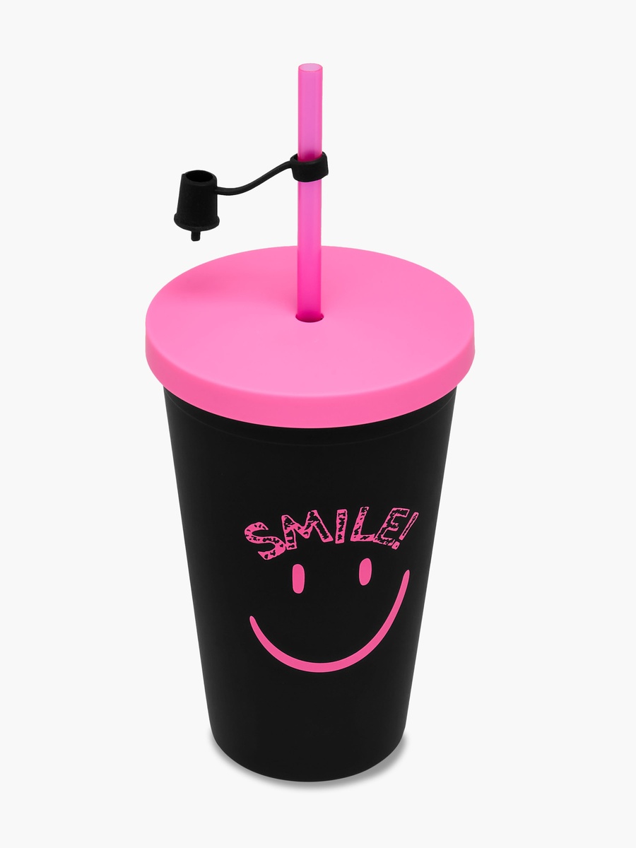 Smiley Print Double Wall Tumbler with Straw - 450 ml