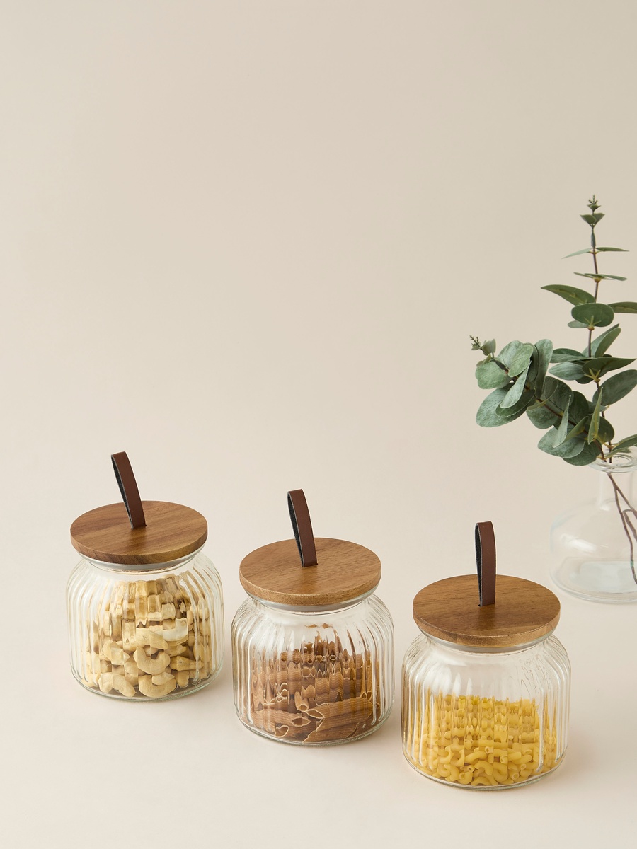 Ribbed 3-Piece Glass Canister Set with Wooden Lid - 720 ml