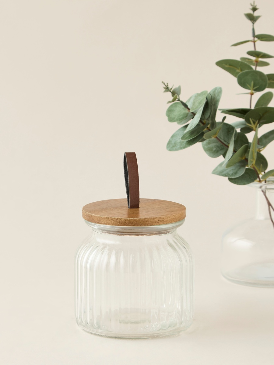 Ribbed 3-Piece Glass Canister Set with Wooden Lid - 720 ml