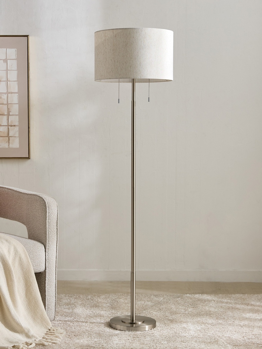 Deme Lamont Metal Floor Lamp with Pull Chain Switch and Linen Shade - 154 cm