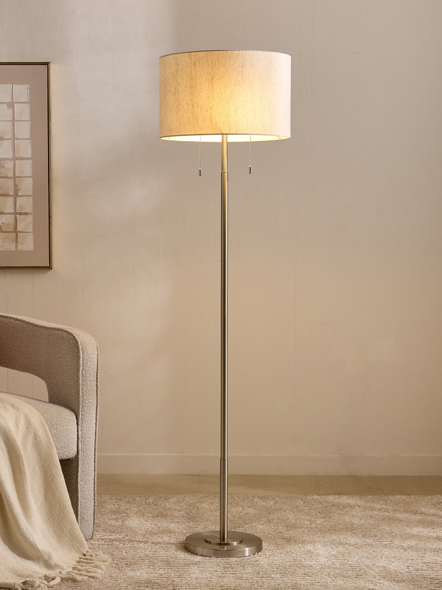 Deme Lamont Metal Floor Lamp with Pull Chain Switch and Linen Shade - 154 cm