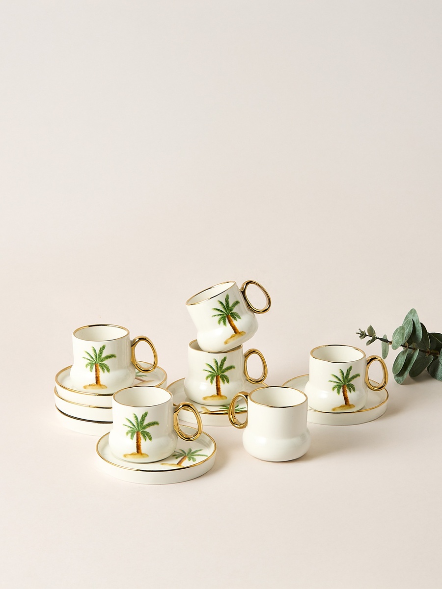 Palm Tree Print 12-Piece Espresso Cup and Saucer Set - 90 ml