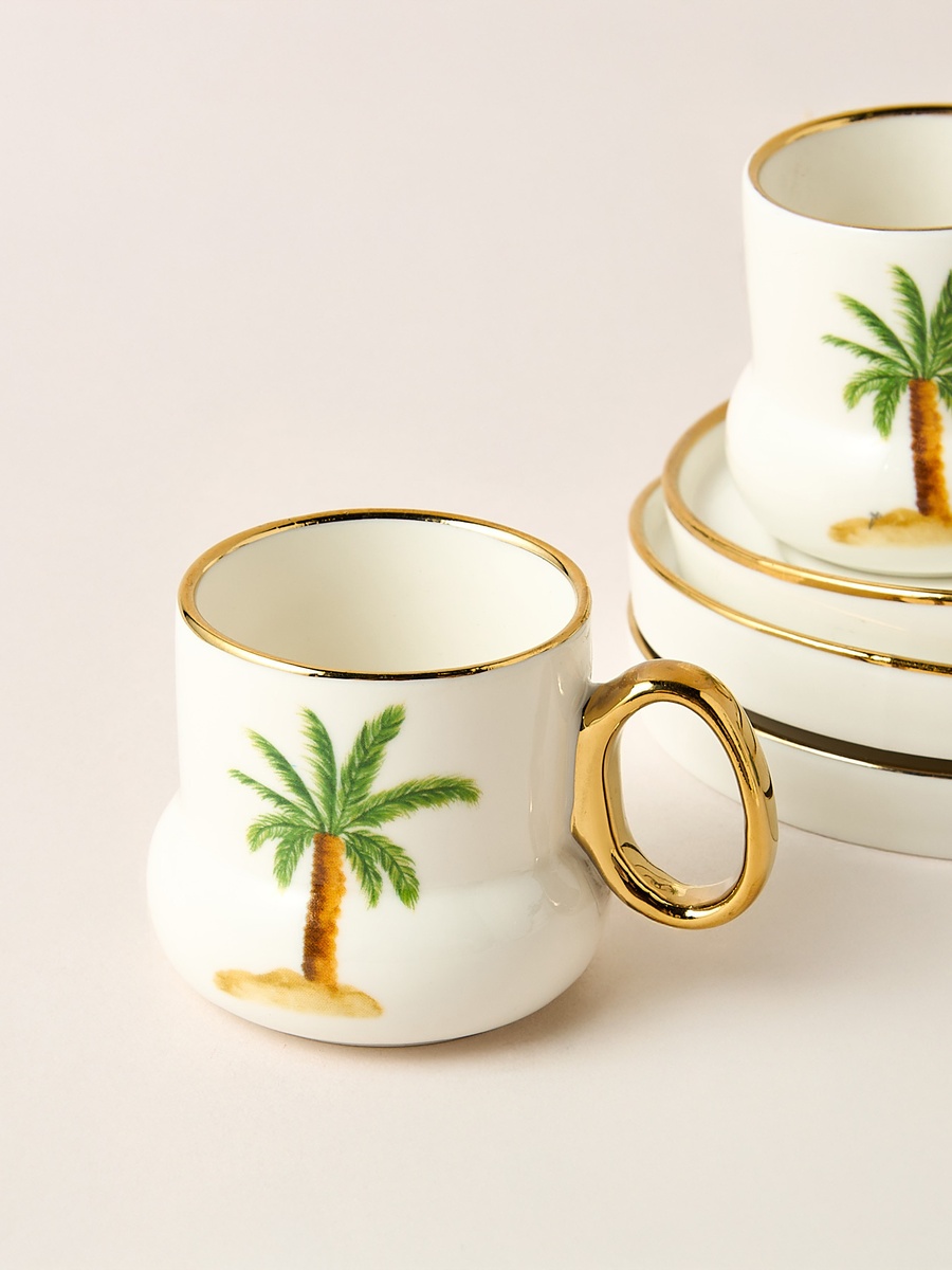 Palm Tree Print 12-Piece Espresso Cup and Saucer Set - 90 ml