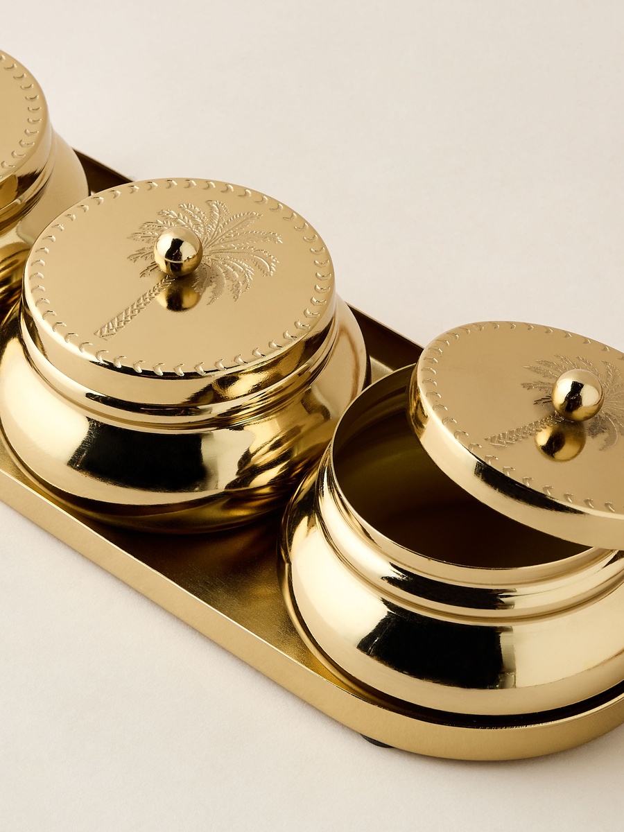 Palm Tree Embossed 3-Piece Bowl Set with Tray