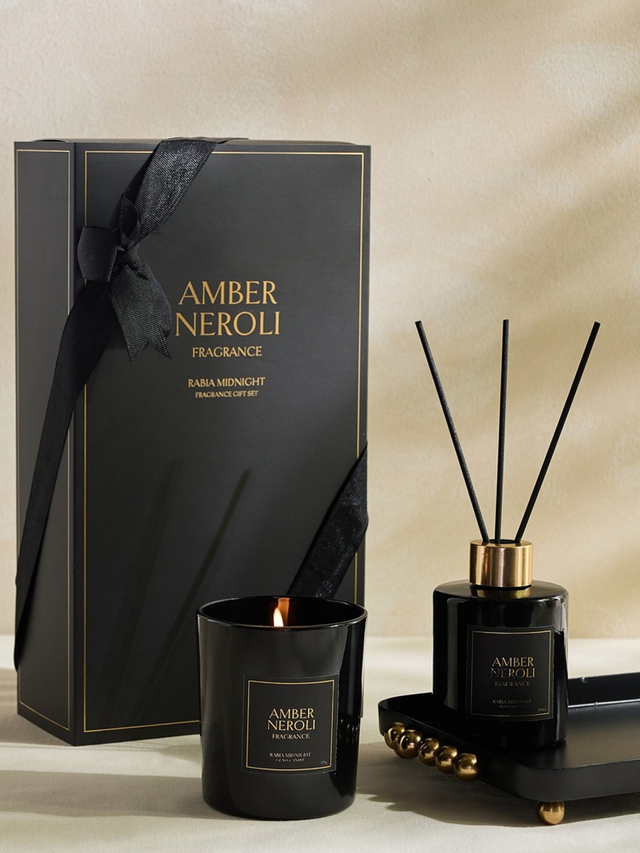 طقم هدايا شمعة وعطر أعواد بعنبر النيرولي ربيعة ميدنايت