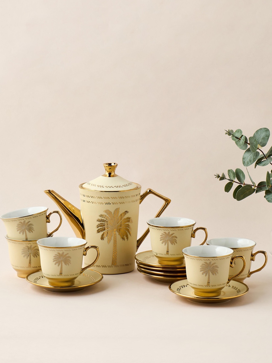 Palm Tree Print 13-Piece Porcelain Cup and Saucer Set with Teapot