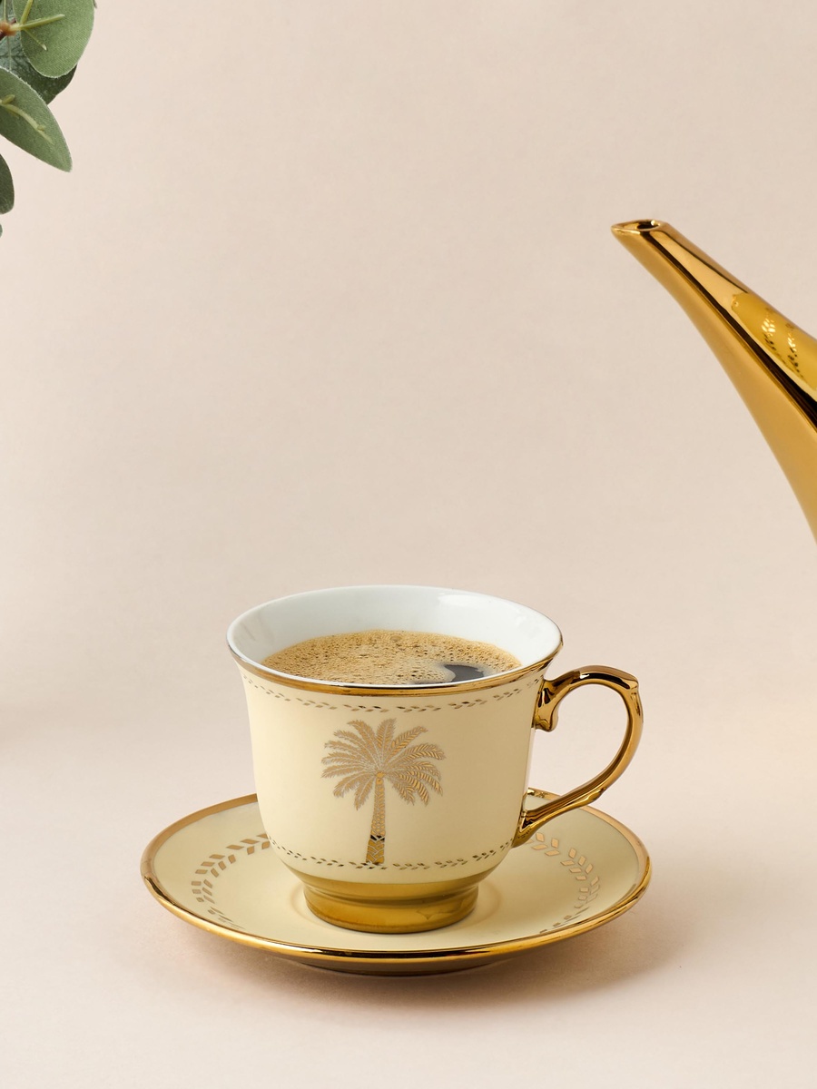 Palm Tree Print 13-Piece Porcelain Cup and Saucer Set with Teapot