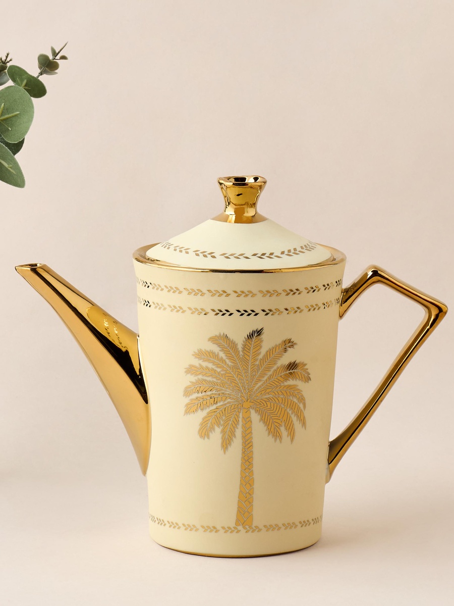 Palm Tree Print 13-Piece Porcelain Cup and Saucer Set with Teapot