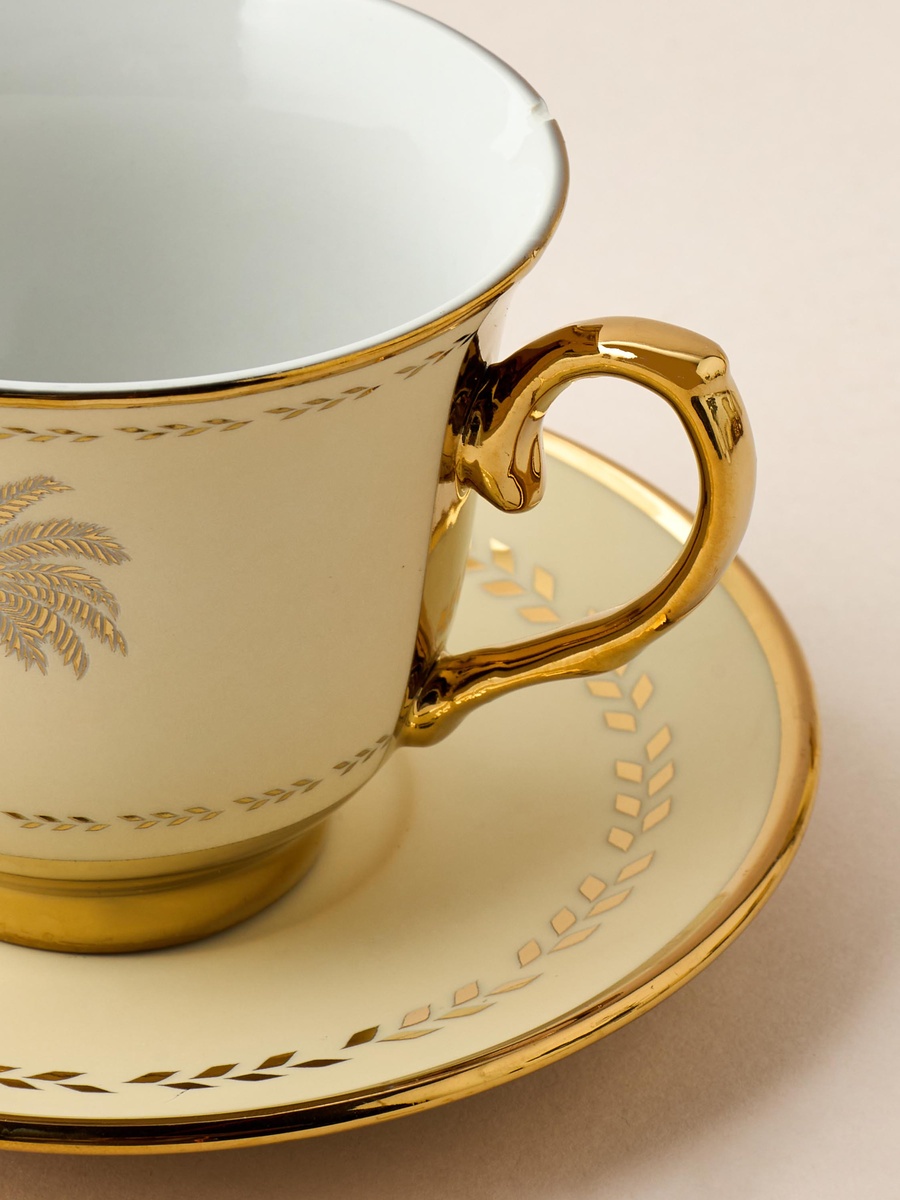 Palm Tree Print 13-Piece Porcelain Cup and Saucer Set with Teapot