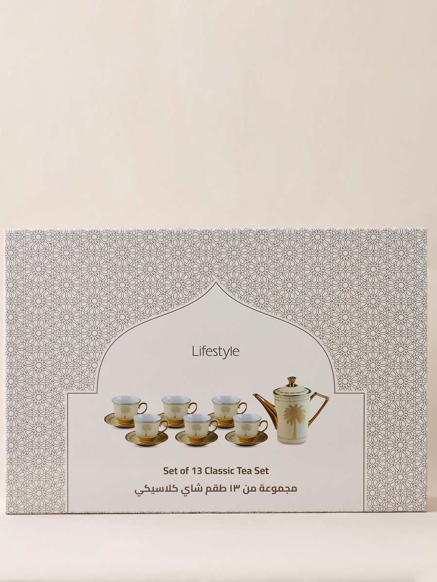 Palm Tree Print 13-Piece Porcelain Cup and Saucer Set with Teapot