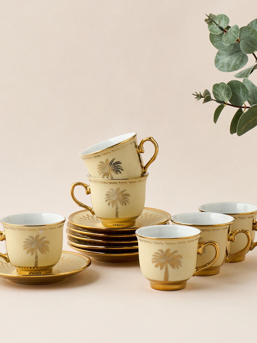Palm Tree Print 12-Piece Porcelain Cup and Saucer Set - 90 ml