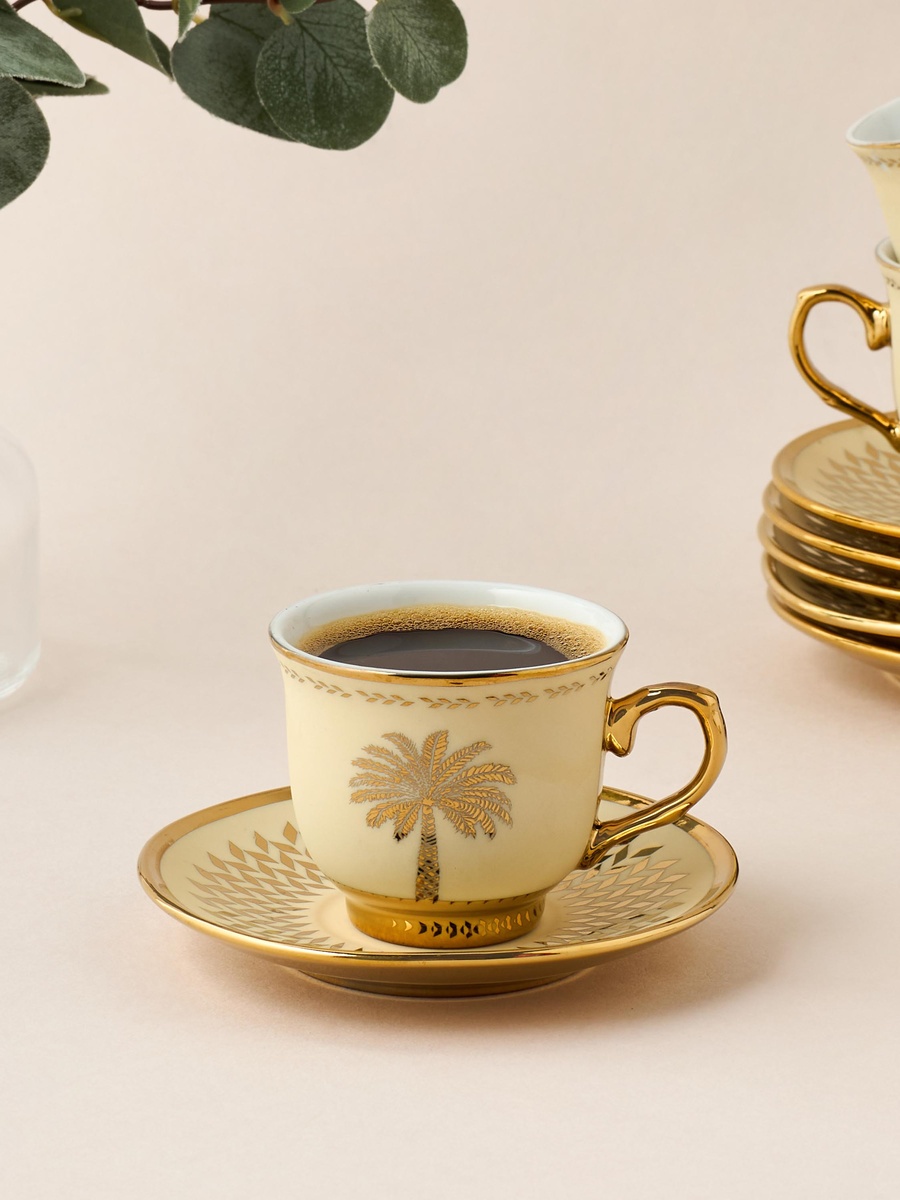 Palm Tree Print 12-Piece Porcelain Cup and Saucer Set - 90 ml