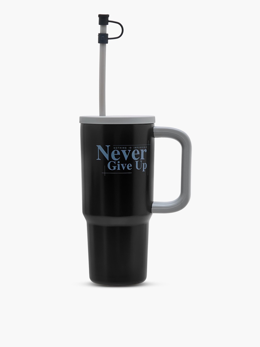 Slogan Print Stainless Steel Tumbler with Straw
