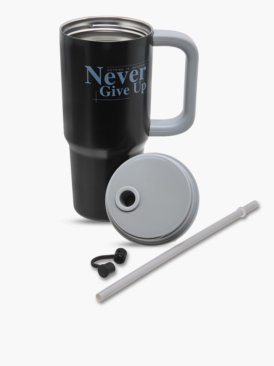Slogan Print Stainless Steel Tumbler with Straw