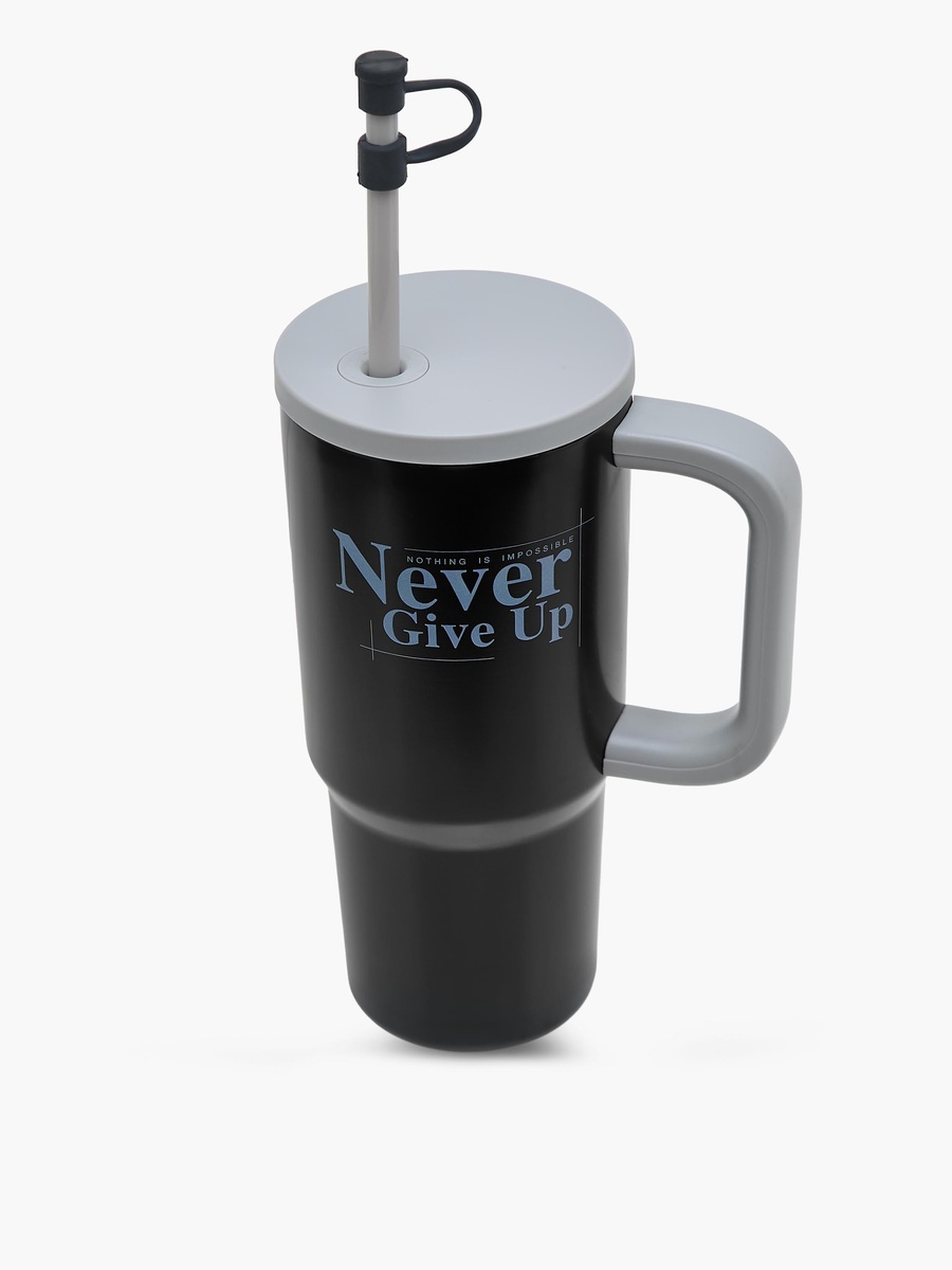 Slogan Print Stainless Steel Tumbler with Straw