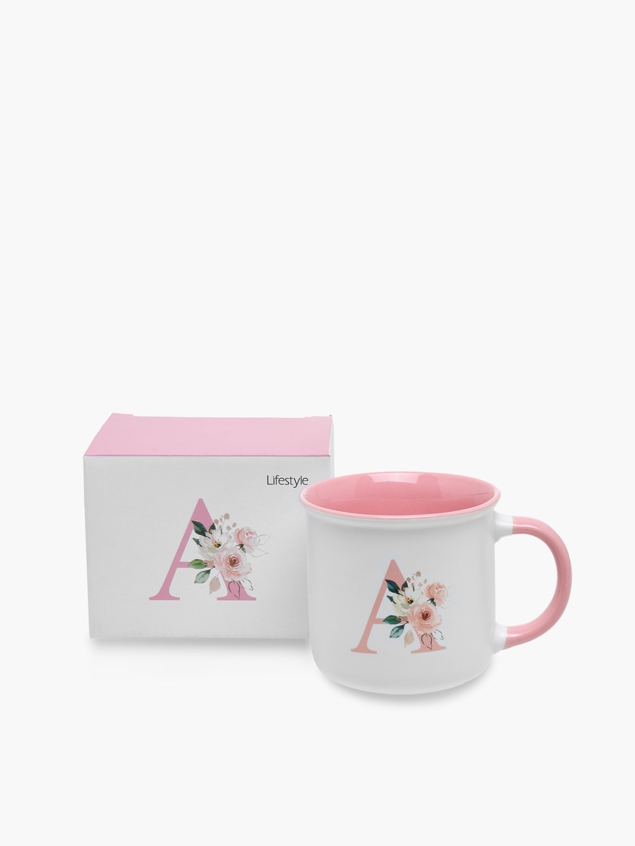 Floral Print Bone China Mug with Initial A - 355 ml