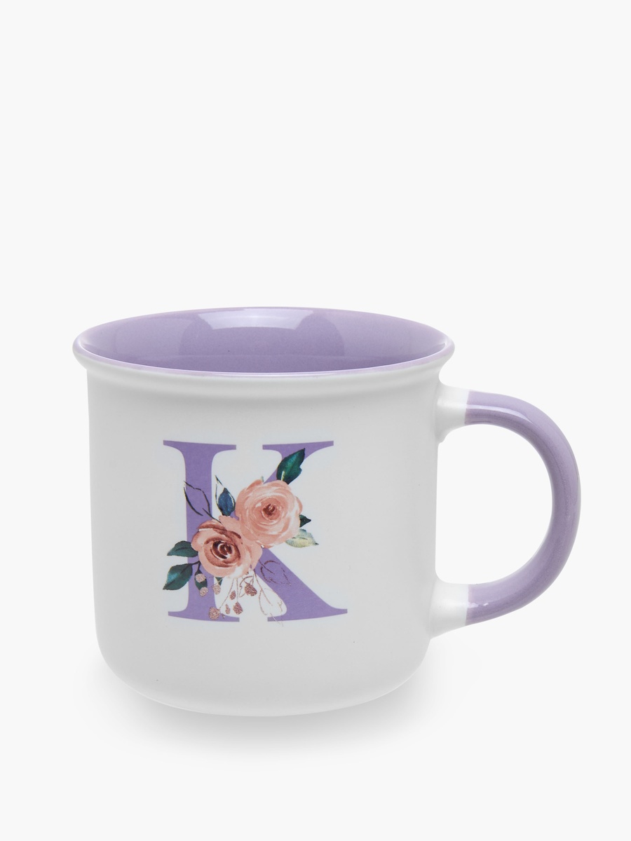 Floral Print Bone China Mug with Initial K - 355 ml