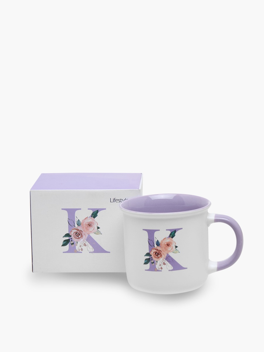 Floral Print Bone China Mug with Initial K - 355 ml